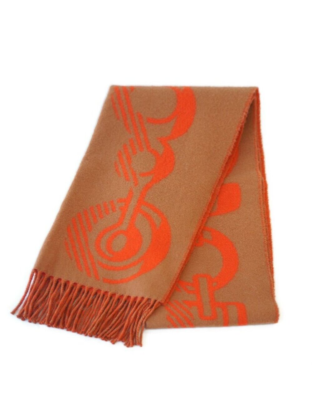 Hermes Scarf Fringe Beige Orange Dore Buckle Cashmere 100%